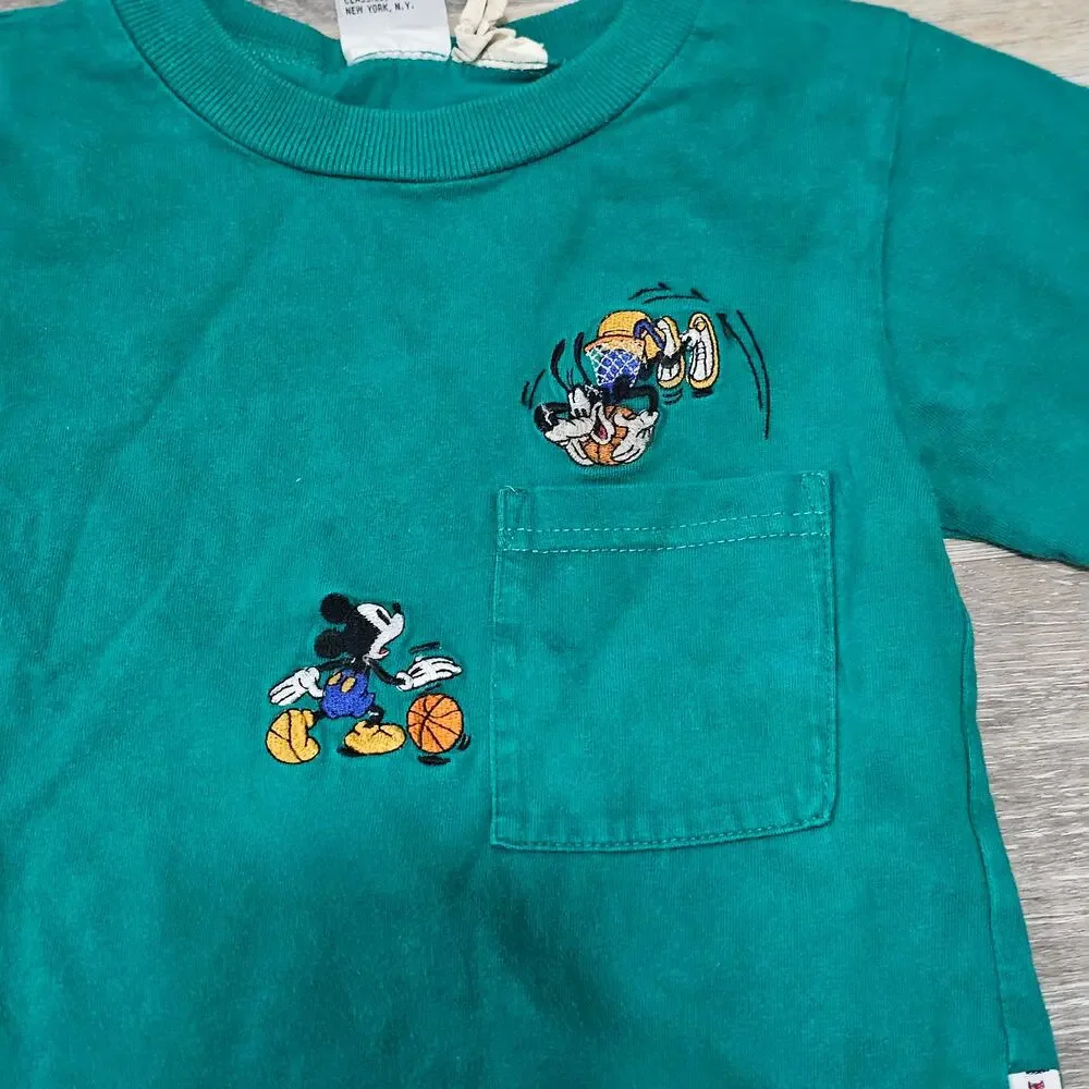 Mickey Co Vintage Green Blue TShirt Kids Toddler 4 Mickey Goofy Basketball